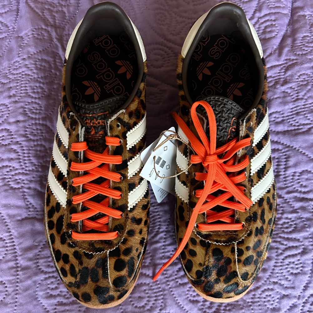 Adidas SL 72 OG Leopard Print Sneakers with White Stripes and Orange Laces